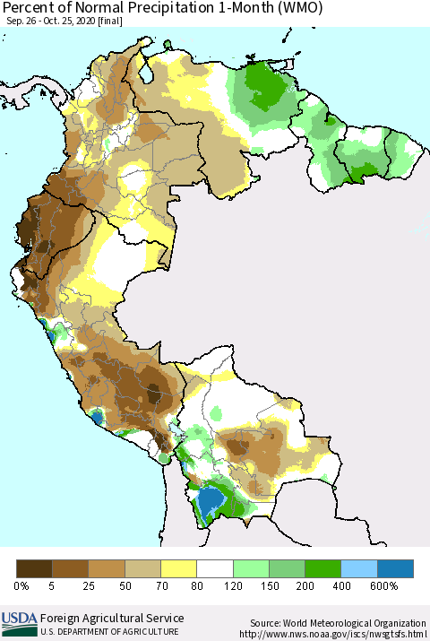 Northern South America Percent of Normal Precipitation 1-Month (WMO) Thematic Map For 9/26/2020 - 10/25/2020