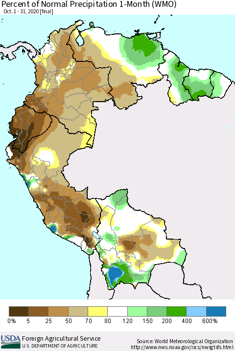 Northern South America Percent of Normal Precipitation 1-Month (WMO) Thematic Map For 10/1/2020 - 10/31/2020
