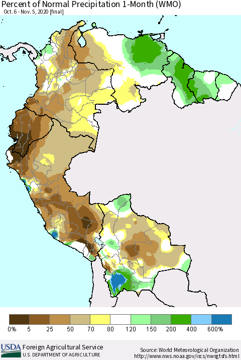 Northern South America Percent of Normal Precipitation 1-Month (WMO) Thematic Map For 10/6/2020 - 11/5/2020