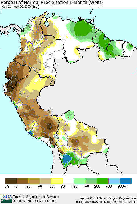 Northern South America Percent of Normal Precipitation 1-Month (WMO) Thematic Map For 10/11/2020 - 11/10/2020