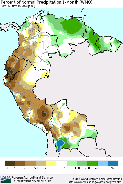 Northern South America Percent of Normal Precipitation 1-Month (WMO) Thematic Map For 10/16/2020 - 11/15/2020