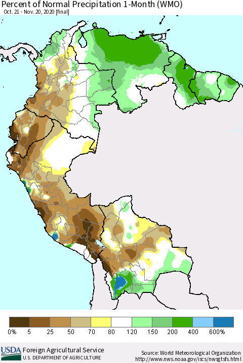 Northern South America Percent of Normal Precipitation 1-Month (WMO) Thematic Map For 10/21/2020 - 11/20/2020