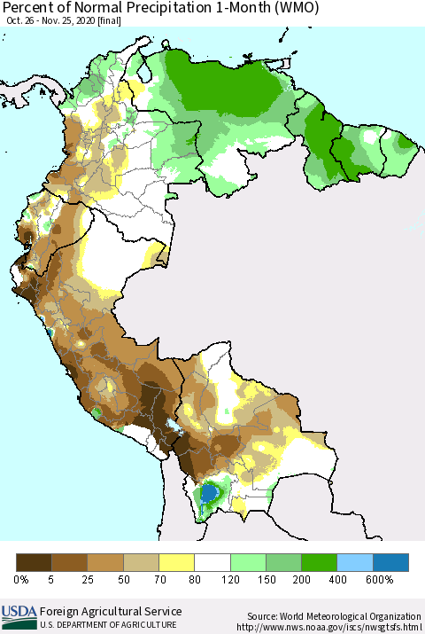 Northern South America Percent of Normal Precipitation 1-Month (WMO) Thematic Map For 10/26/2020 - 11/25/2020