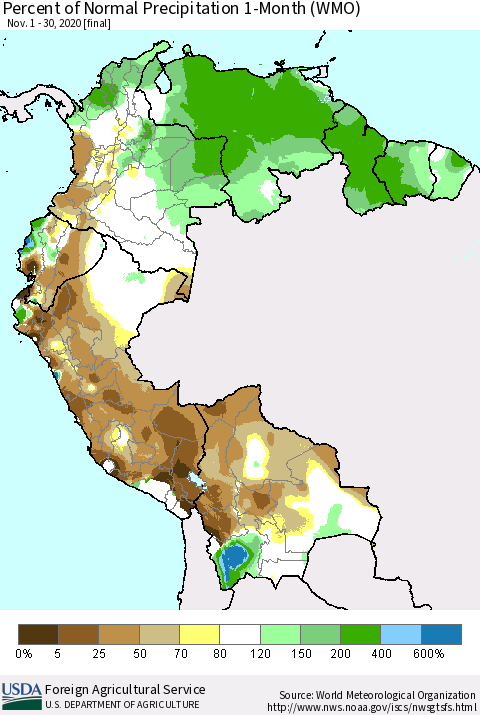 Northern South America Percent of Normal Precipitation 1-Month (WMO) Thematic Map For 11/1/2020 - 11/30/2020