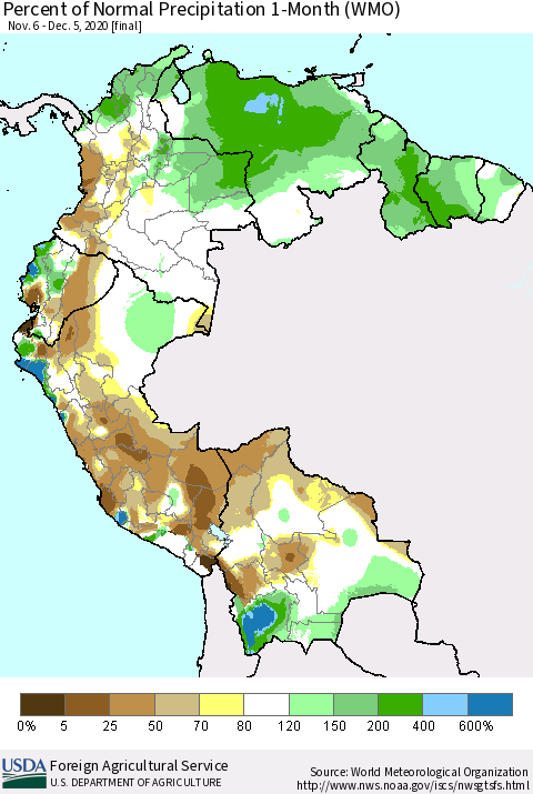 Northern South America Percent of Normal Precipitation 1-Month (WMO) Thematic Map For 11/6/2020 - 12/5/2020
