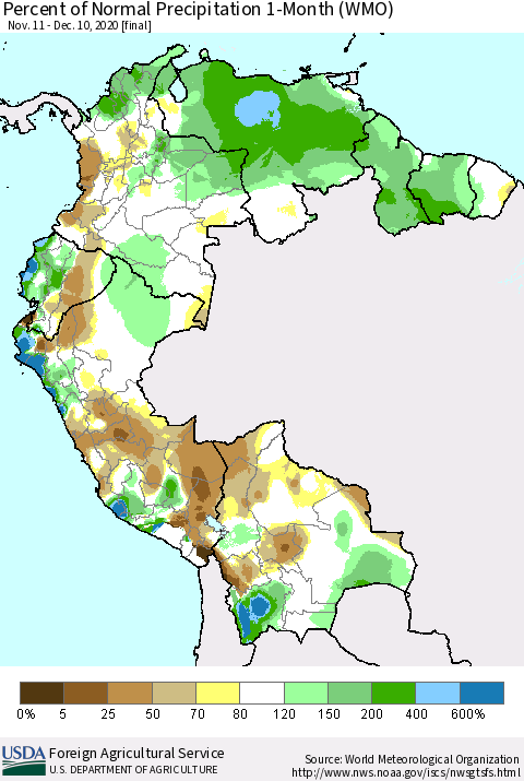 Northern South America Percent of Normal Precipitation 1-Month (WMO) Thematic Map For 11/11/2020 - 12/10/2020