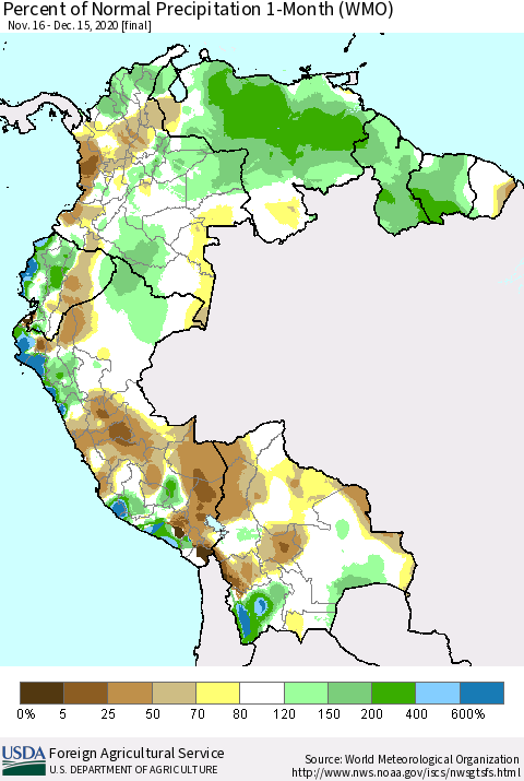 Northern South America Percent of Normal Precipitation 1-Month (WMO) Thematic Map For 11/16/2020 - 12/15/2020