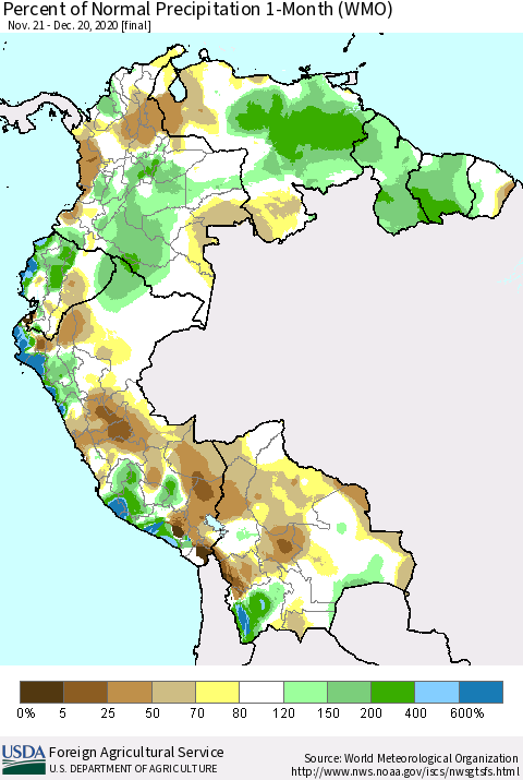 Northern South America Percent of Normal Precipitation 1-Month (WMO) Thematic Map For 11/21/2020 - 12/20/2020