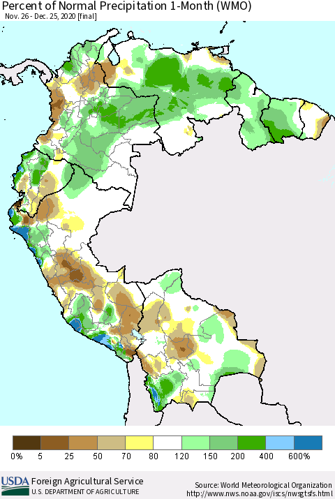 Northern South America Percent of Normal Precipitation 1-Month (WMO) Thematic Map For 11/26/2020 - 12/25/2020