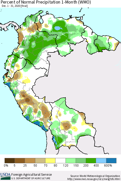 Northern South America Percent of Normal Precipitation 1-Month (WMO) Thematic Map For 12/1/2020 - 12/31/2020