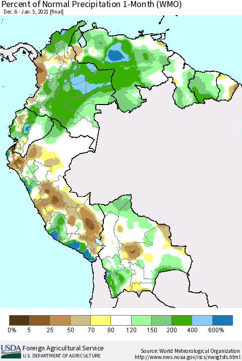 Northern South America Percent of Normal Precipitation 1-Month (WMO) Thematic Map For 12/6/2020 - 1/5/2021