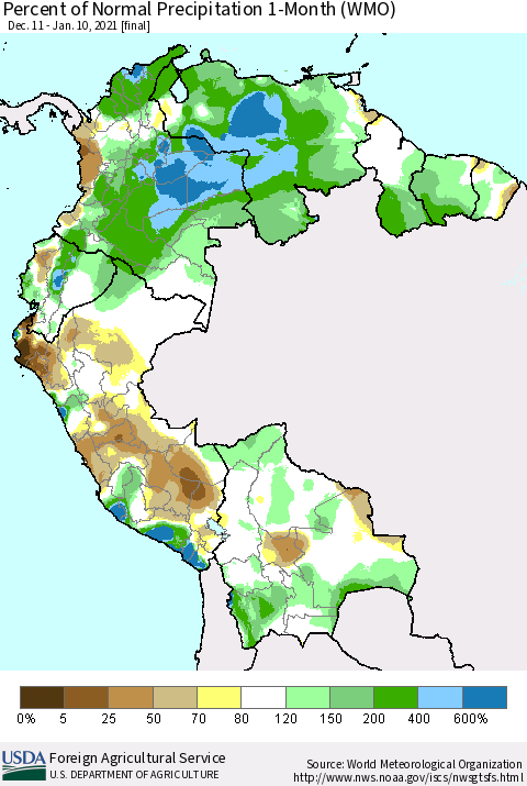 Northern South America Percent of Normal Precipitation 1-Month (WMO) Thematic Map For 12/11/2020 - 1/10/2021