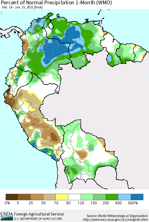 Northern South America Percent of Normal Precipitation 1-Month (WMO) Thematic Map For 12/16/2020 - 1/15/2021