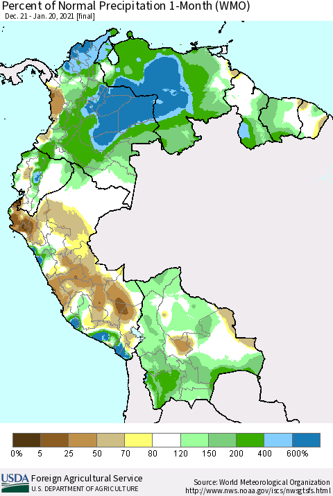 Northern South America Percent of Normal Precipitation 1-Month (WMO) Thematic Map For 12/21/2020 - 1/20/2021