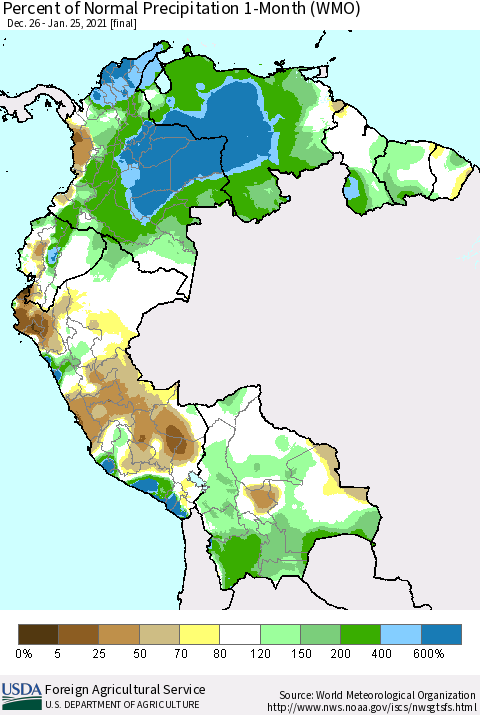 Northern South America Percent of Normal Precipitation 1-Month (WMO) Thematic Map For 12/26/2020 - 1/25/2021