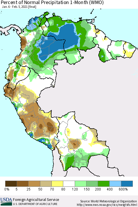 Northern South America Percent of Normal Precipitation 1-Month (WMO) Thematic Map For 1/6/2021 - 2/5/2021
