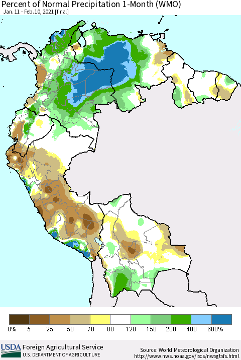 Northern South America Percent of Normal Precipitation 1-Month (WMO) Thematic Map For 1/11/2021 - 2/10/2021