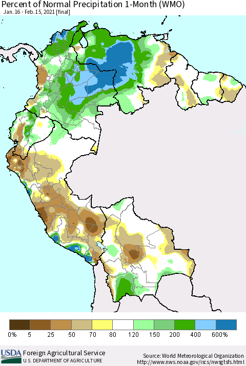 Northern South America Percent of Normal Precipitation 1-Month (WMO) Thematic Map For 1/16/2021 - 2/15/2021