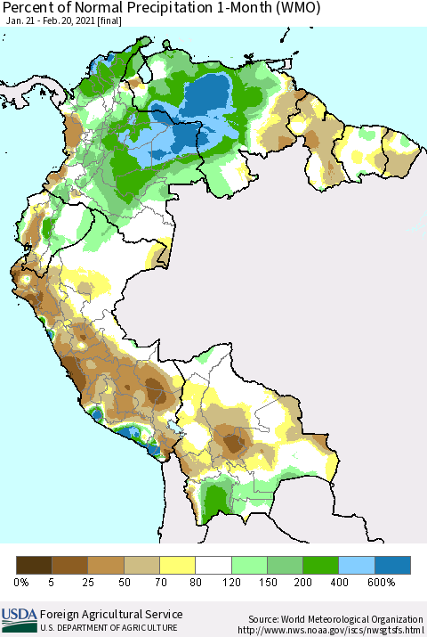 Northern South America Percent of Normal Precipitation 1-Month (WMO) Thematic Map For 1/21/2021 - 2/20/2021