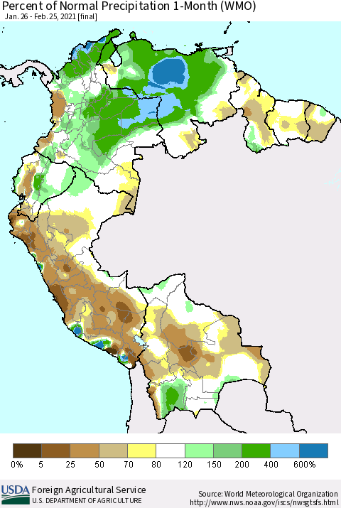 Northern South America Percent of Normal Precipitation 1-Month (WMO) Thematic Map For 1/26/2021 - 2/25/2021