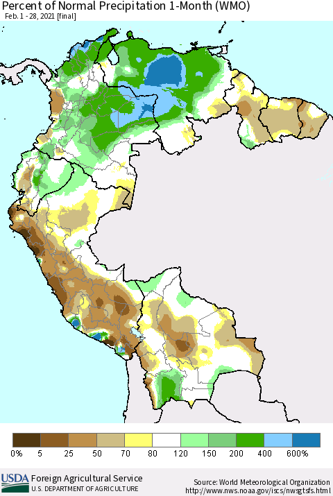 Northern South America Percent of Normal Precipitation 1-Month (WMO) Thematic Map For 2/1/2021 - 2/28/2021