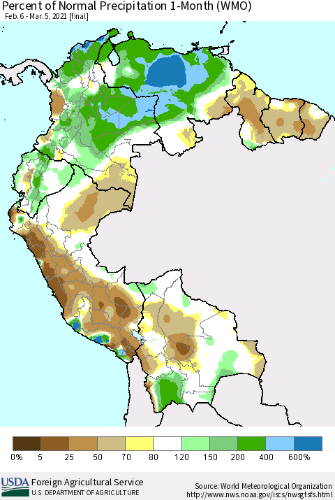 Northern South America Percent of Normal Precipitation 1-Month (WMO) Thematic Map For 2/6/2021 - 3/5/2021