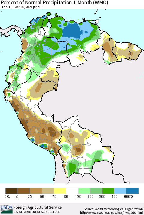 Northern South America Percent of Normal Precipitation 1-Month (WMO) Thematic Map For 2/11/2021 - 3/10/2021