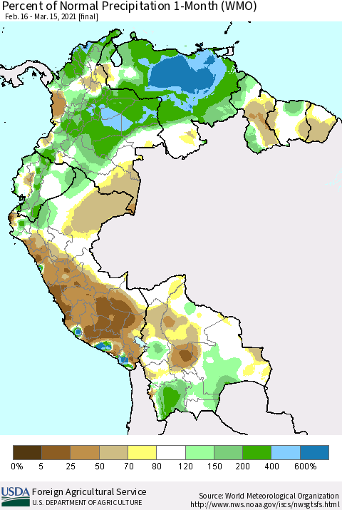 Northern South America Percent of Normal Precipitation 1-Month (WMO) Thematic Map For 2/16/2021 - 3/15/2021