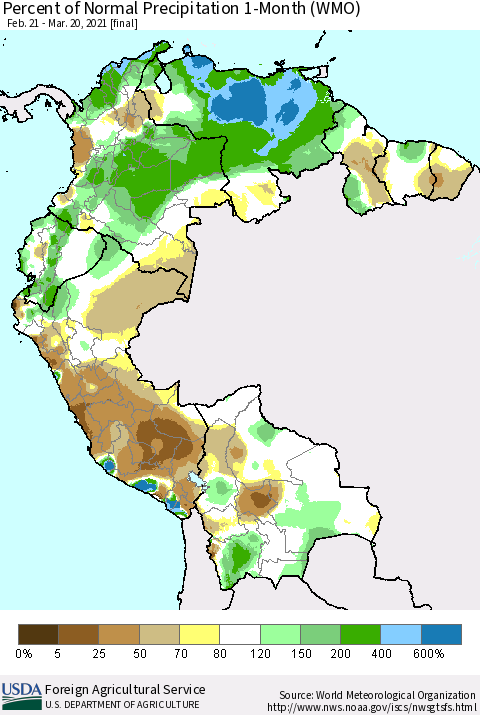 Northern South America Percent of Normal Precipitation 1-Month (WMO) Thematic Map For 2/21/2021 - 3/20/2021
