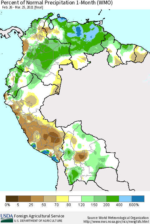Northern South America Percent of Normal Precipitation 1-Month (WMO) Thematic Map For 2/26/2021 - 3/25/2021