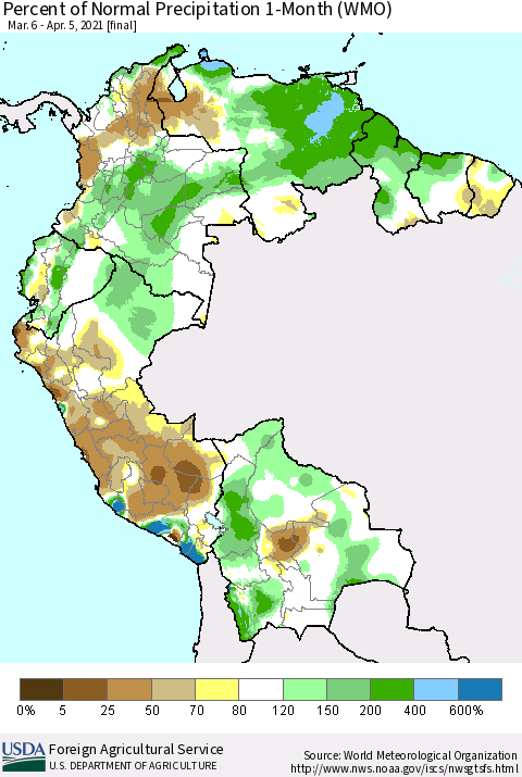 Northern South America Percent of Normal Precipitation 1-Month (WMO) Thematic Map For 3/6/2021 - 4/5/2021