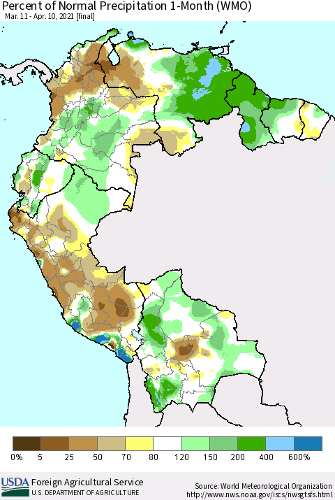 Northern South America Percent of Normal Precipitation 1-Month (WMO) Thematic Map For 3/11/2021 - 4/10/2021