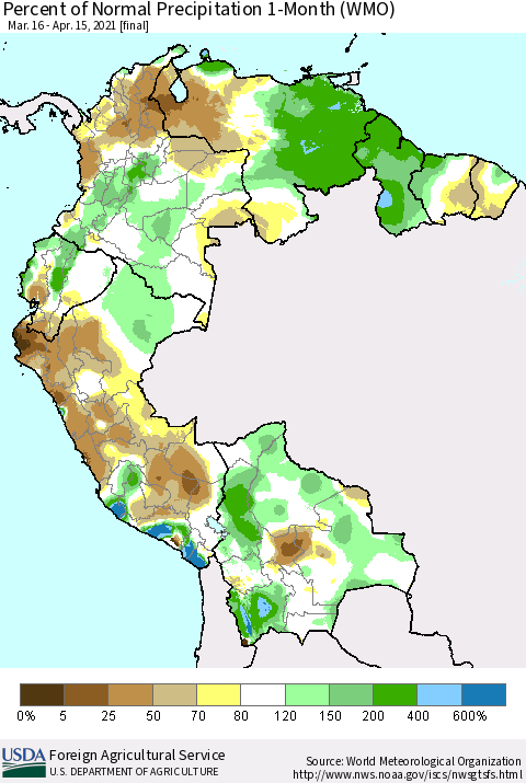 Northern South America Percent of Normal Precipitation 1-Month (WMO) Thematic Map For 3/16/2021 - 4/15/2021