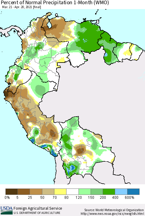 Northern South America Percent of Normal Precipitation 1-Month (WMO) Thematic Map For 3/21/2021 - 4/20/2021