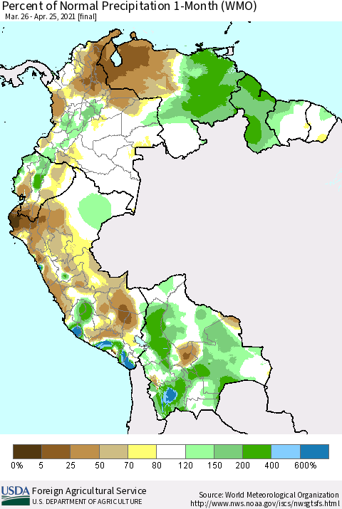 Northern South America Percent of Normal Precipitation 1-Month (WMO) Thematic Map For 3/26/2021 - 4/25/2021
