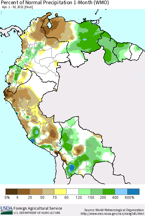 Northern South America Percent of Normal Precipitation 1-Month (WMO) Thematic Map For 4/1/2021 - 4/30/2021