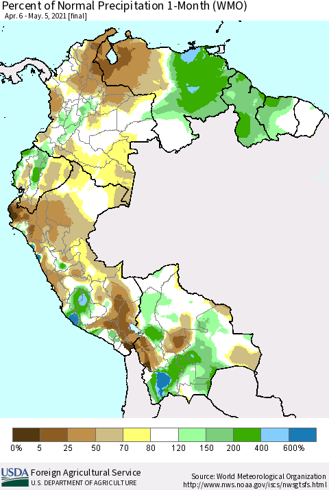Northern South America Percent of Normal Precipitation 1-Month (WMO) Thematic Map For 4/6/2021 - 5/5/2021