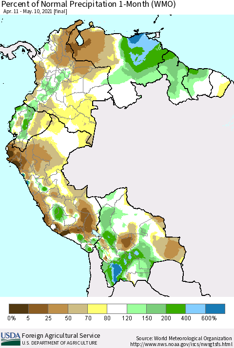 Northern South America Percent of Normal Precipitation 1-Month (WMO) Thematic Map For 4/11/2021 - 5/10/2021