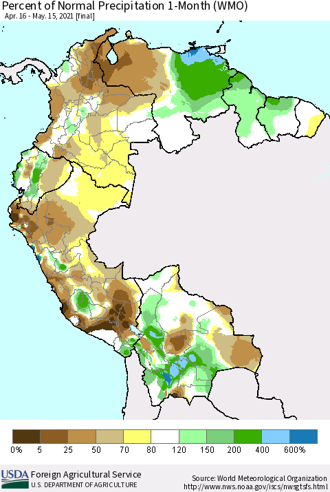 Northern South America Percent of Normal Precipitation 1-Month (WMO) Thematic Map For 4/16/2021 - 5/15/2021