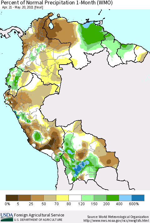 Northern South America Percent of Normal Precipitation 1-Month (WMO) Thematic Map For 4/21/2021 - 5/20/2021