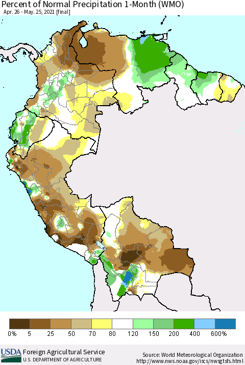 Northern South America Percent of Normal Precipitation 1-Month (WMO) Thematic Map For 4/26/2021 - 5/25/2021