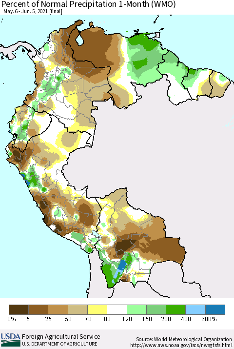 Northern South America Percent of Normal Precipitation 1-Month (WMO) Thematic Map For 5/6/2021 - 6/5/2021