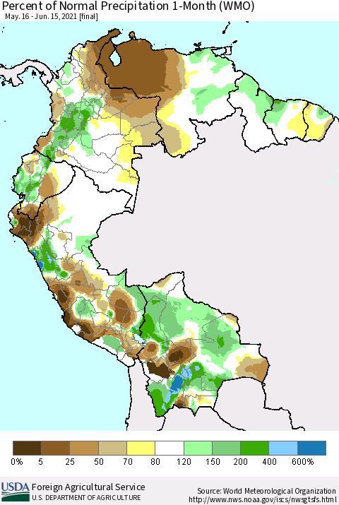 Northern South America Percent of Normal Precipitation 1-Month (WMO) Thematic Map For 5/16/2021 - 6/15/2021