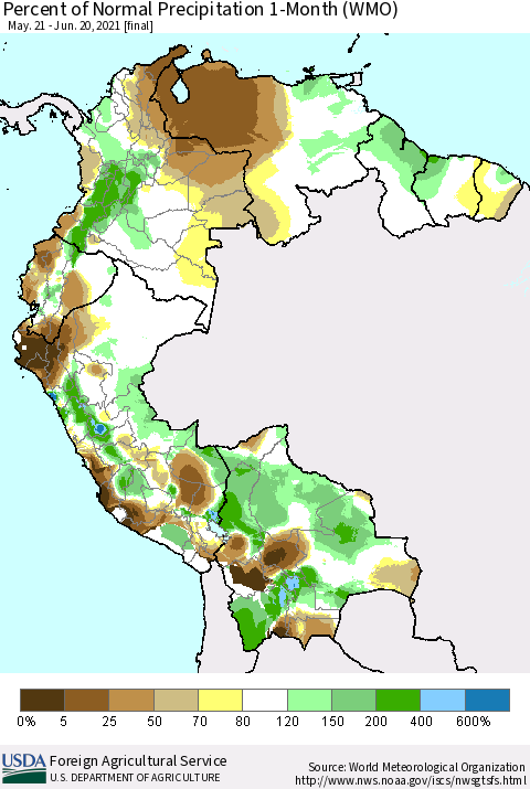 Northern South America Percent of Normal Precipitation 1-Month (WMO) Thematic Map For 5/21/2021 - 6/20/2021