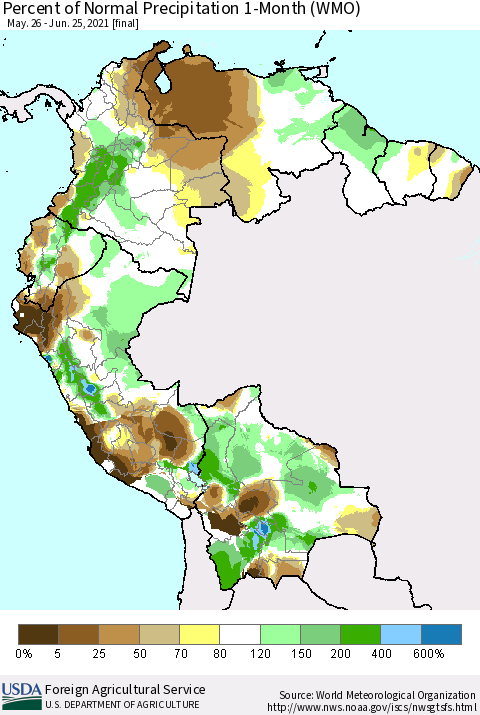 Northern South America Percent of Normal Precipitation 1-Month (WMO) Thematic Map For 5/26/2021 - 6/25/2021