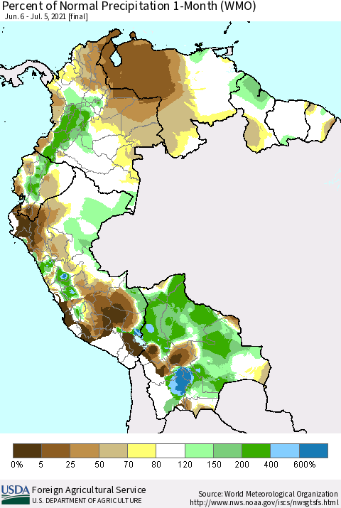 Northern South America Percent of Normal Precipitation 1-Month (WMO) Thematic Map For 6/6/2021 - 7/5/2021