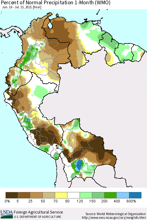 Northern South America Percent of Normal Precipitation 1-Month (WMO) Thematic Map For 6/16/2021 - 7/15/2021
