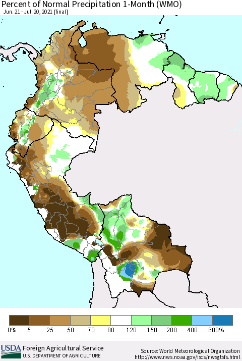 Northern South America Percent of Normal Precipitation 1-Month (WMO) Thematic Map For 6/21/2021 - 7/20/2021
