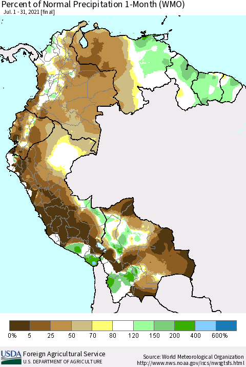 Northern South America Percent of Normal Precipitation 1-Month (WMO) Thematic Map For 7/1/2021 - 7/31/2021