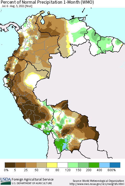Northern South America Percent of Normal Precipitation 1-Month (WMO) Thematic Map For 7/6/2021 - 8/5/2021